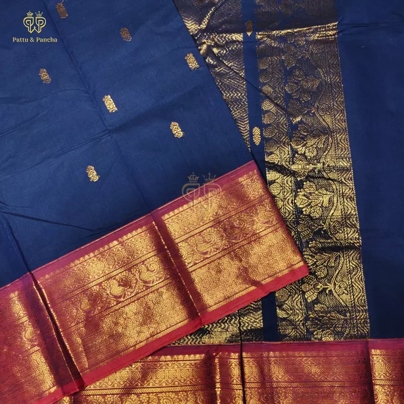 Kanchi Cotton Saree in Navy Blue with Magenta Gold Zari Border