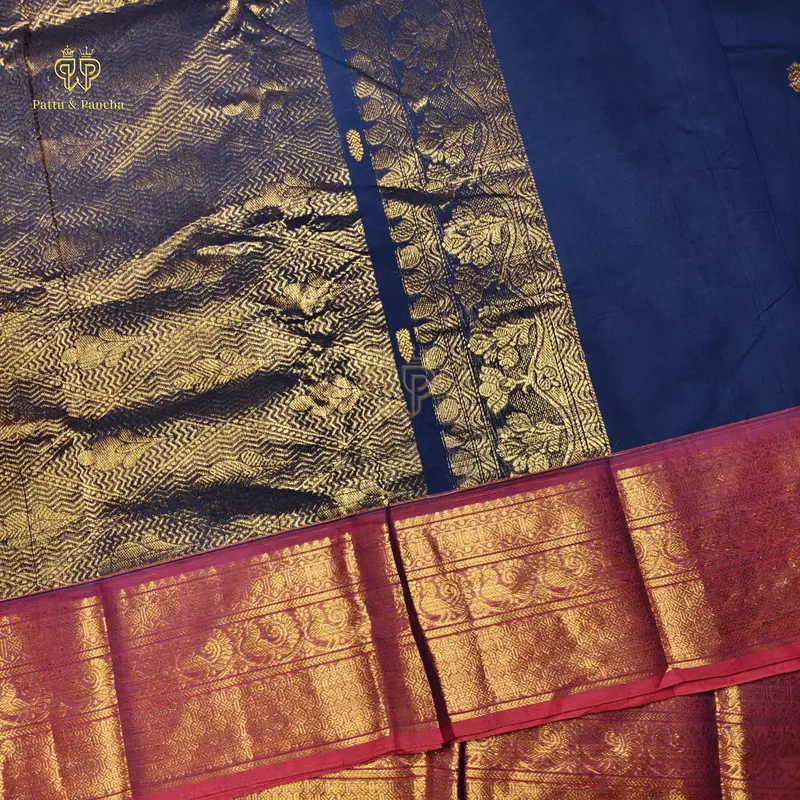 Kanchi Cotton Saree in Navy Blue with Magenta Gold Zari Border