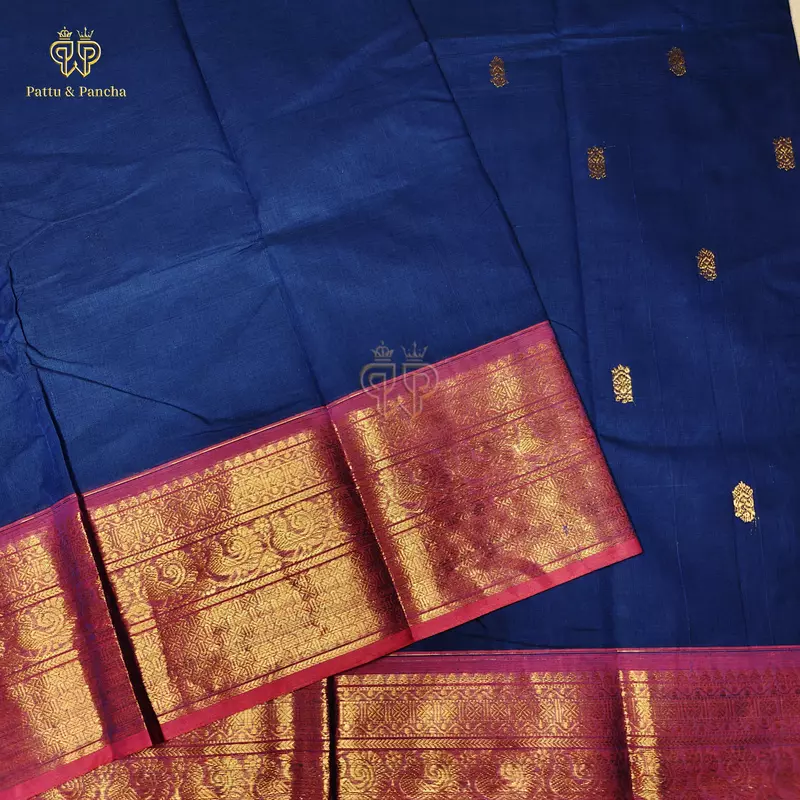 Kanchi Cotton Saree in Navy Blue with Magenta Gold Zari Border
