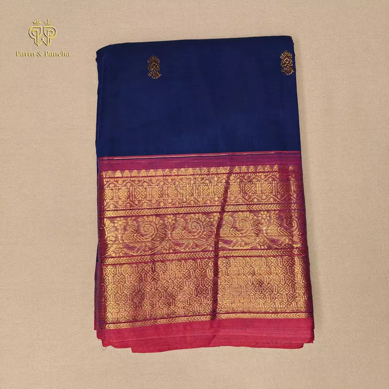 Kanchi Cotton Saree in Navy Blue with Magenta Gold Zari Border