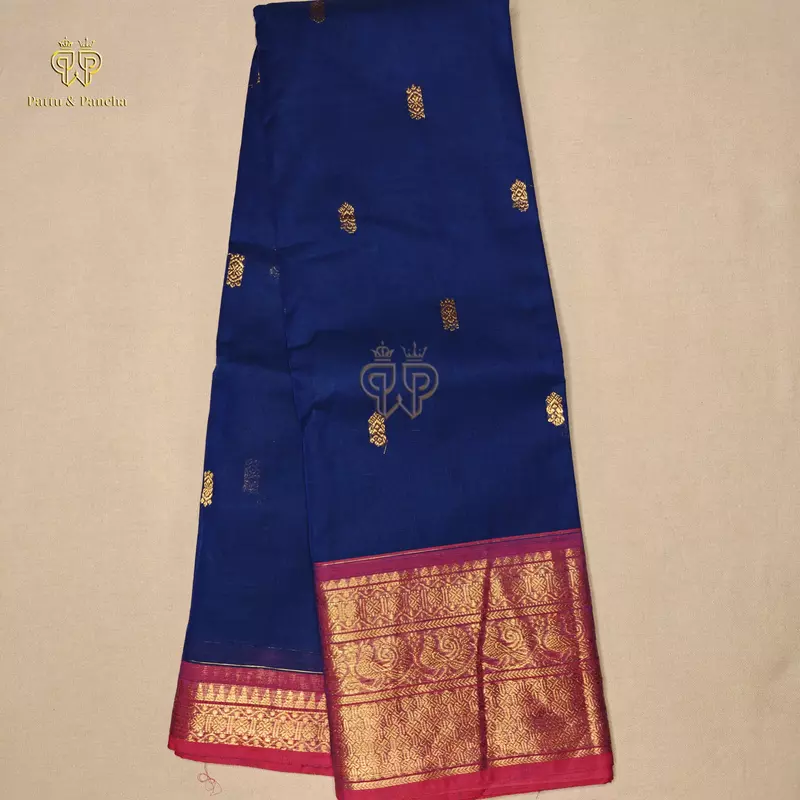 Kanchi Cotton Saree in Navy Blue with Magenta Gold Zari Border