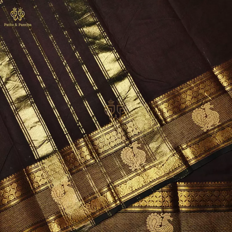 Kanchi Cotton Saree in Dark Coffee Brown with Gold Zari Rettapet Annapakshi Motif Border