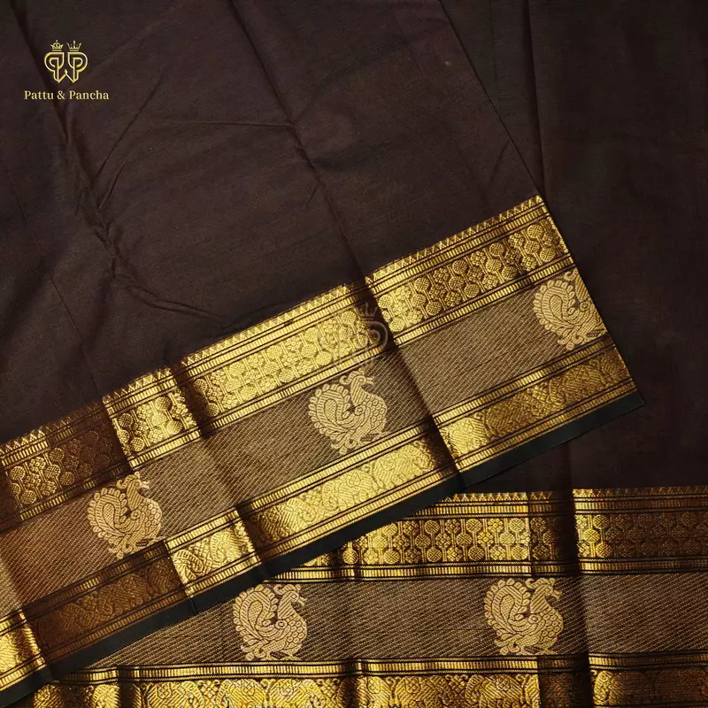 Kanchi Cotton Saree in Dark Coffee Brown with Gold Zari Rettapet Annapakshi Motif Border