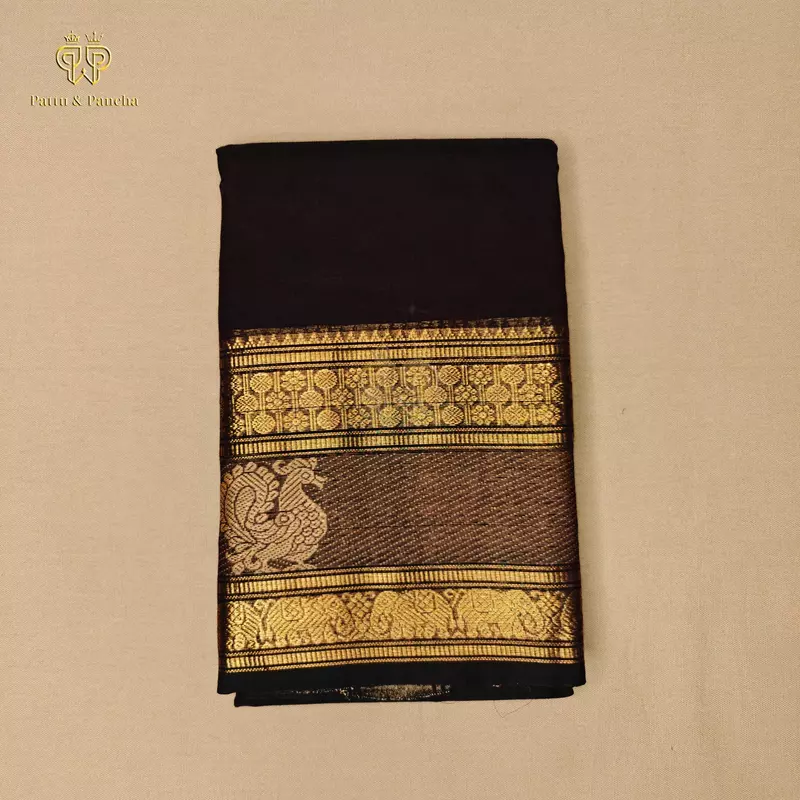Kanchi Cotton Saree in Dark Coffee Brown with Gold Zari Rettapet Annapakshi Motif Border