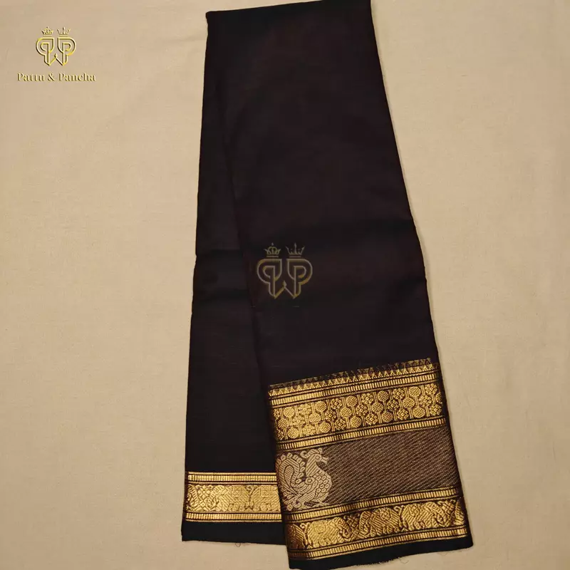 Kanchi Cotton Saree in Dark Coffee Brown with Gold Zari Rettapet Annapakshi Motif Border
