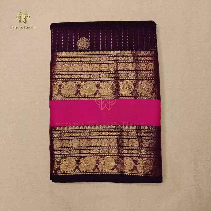 Kanchi Cotton Saree in Purple with Vairaoosi Lines and Rettapet Gold Zari and Pink Border