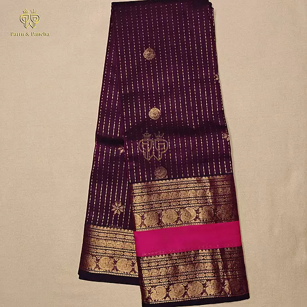 Kanchi Cotton Saree in Purple with Vairaoosi Lines and Rettapet Gold Zari and Pink Border