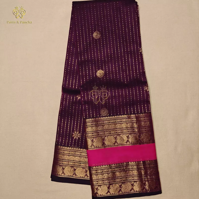 Kanchi Cotton Saree in Purple with Vairaoosi Lines and Rettapet Gold Zari and Pink Border