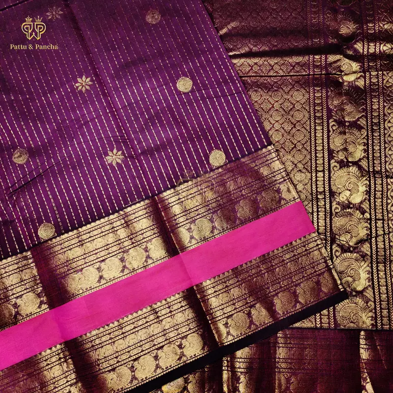Kanchi Cotton Saree in Purple with Vairaoosi Lines and Rettapet Gold Zari and Pink Border