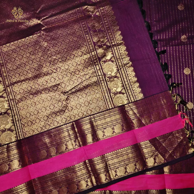 Kanchi Cotton Saree in Purple with Vairaoosi Lines and Rettapet Gold Zari and Pink Border