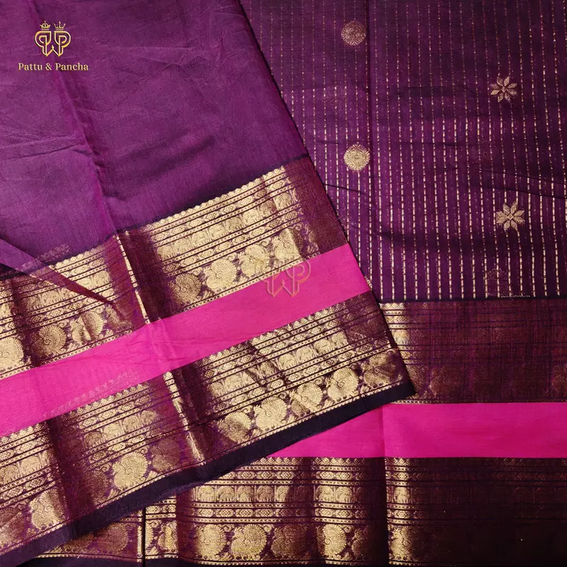 Kanchi Cotton Saree in Purple with Vairaoosi Lines and Rettapet Gold Zari and Pink Border