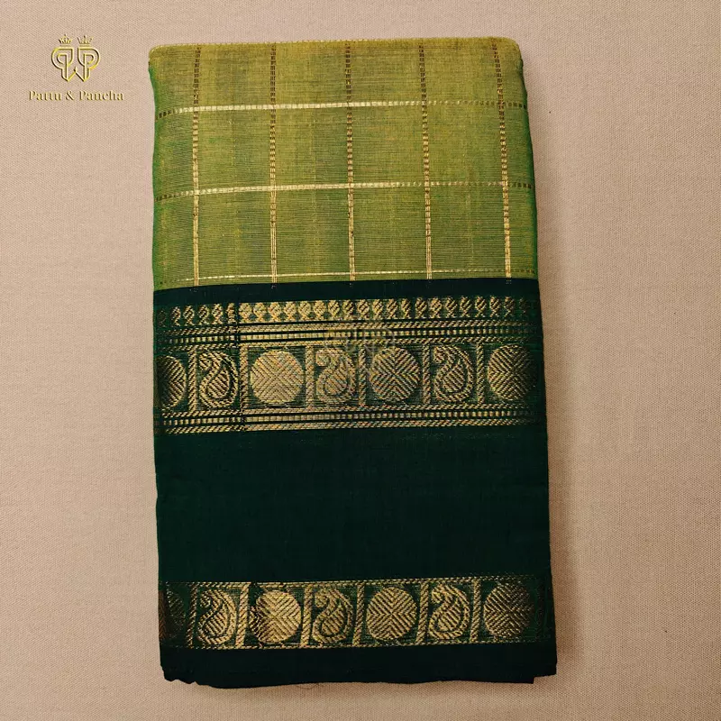 Kanchi Cotton Saree in Olive Green with Bottle Green with Gold Zari Rettapet Border