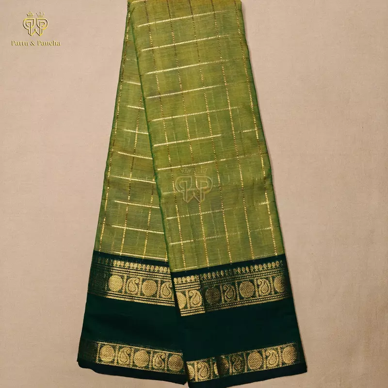 Kanchi Cotton Saree in Olive Green with Bottle Green with Gold Zari Rettapet Border