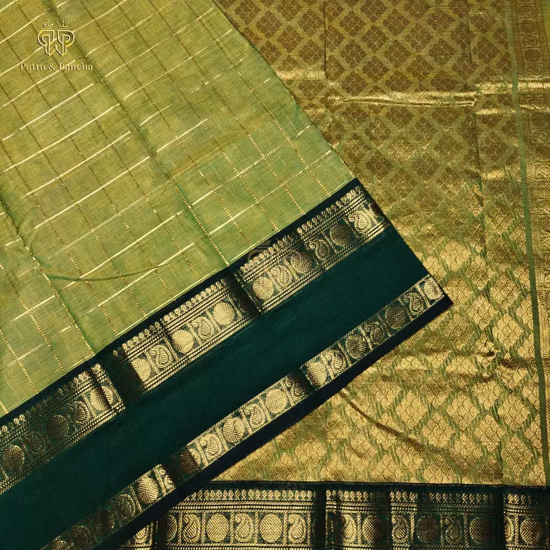 Kanchi Cotton Saree in Olive Green with Bottle Green with Gold Zari Rettapet Border