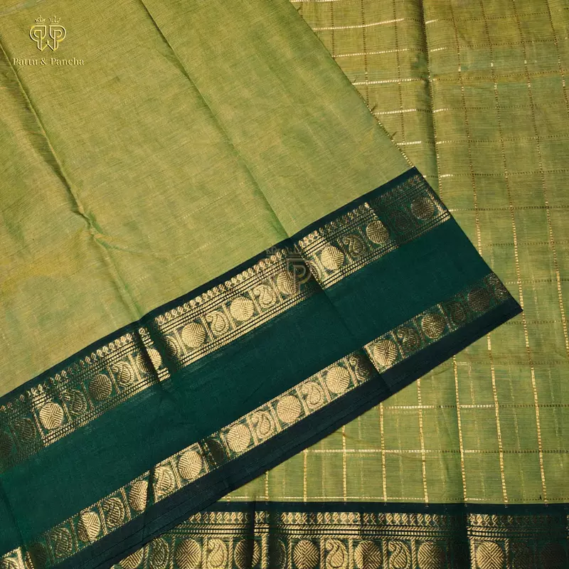 Kanchi Cotton Saree in Olive Green with Bottle Green with Gold Zari Rettapet Border