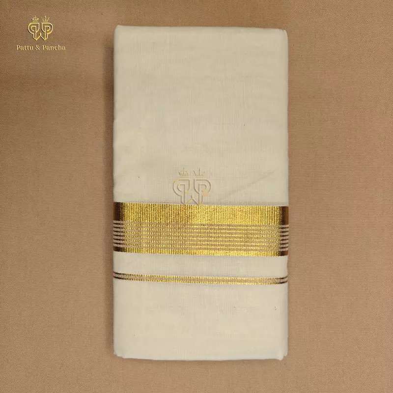 Kasavu Cotton Off White Dhoti with Plain Gold and Line Zari Border