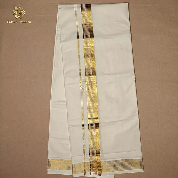 Kasavu Cotton Off White Dhoti with Plain Gold and Line Zari Border