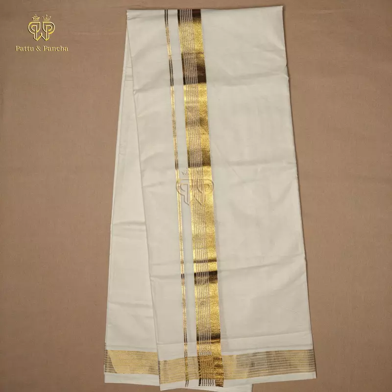 Kasavu Cotton Off White Dhoti with Plain Gold and Line Zari Border