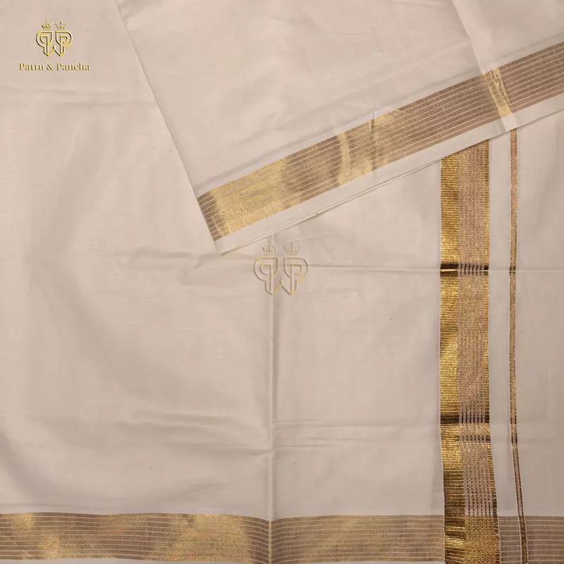 Kasavu Cotton Off White Dhoti with Plain Gold and Line Zari Border