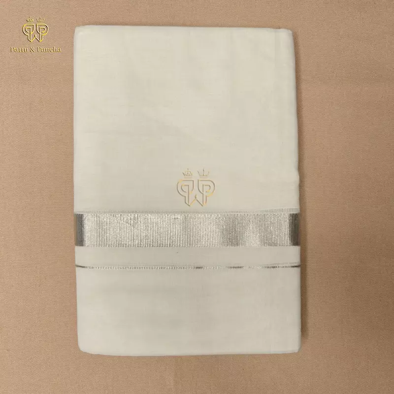 Kasavu Cotton Off White Premium Dhoti with Antique Silver Zari Border