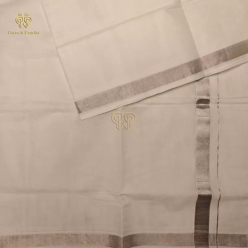 Kasavu Cotton Off White Premium Dhoti with Antique Silver Zari Border