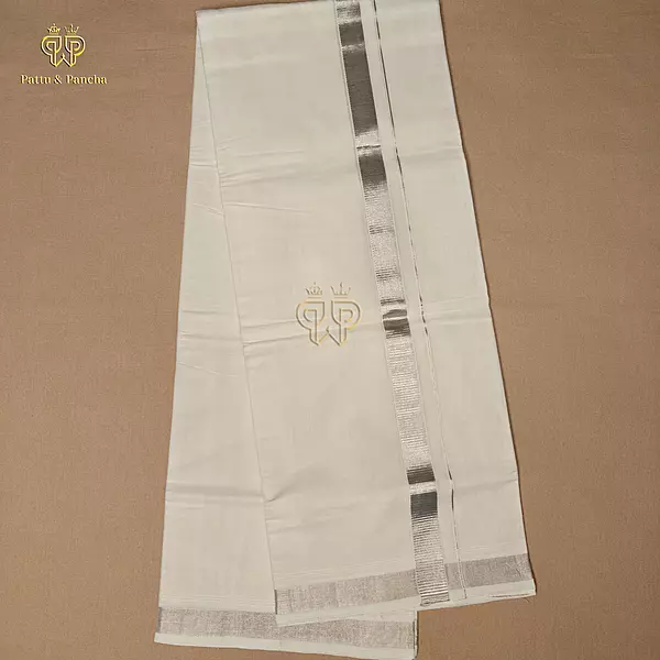 Kasavu Cotton Off White Premium Dhoti with Antique Silver Zari Border