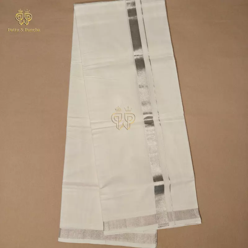 Kasavu Cotton Off White Premium Dhoti with Antique Silver Zari Border