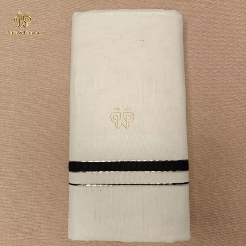 Kasavu Cotton Off White Dhoti with Black and thin Silver Zari Border