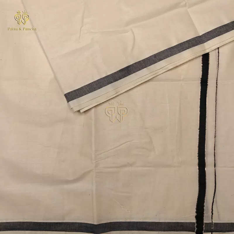 Kasavu Cotton Off White Dhoti with Black and thin Silver Zari Border