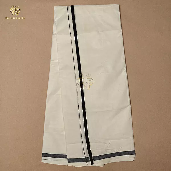 Kasavu Cotton Off White Dhoti with Black and thin Silver Zari Border