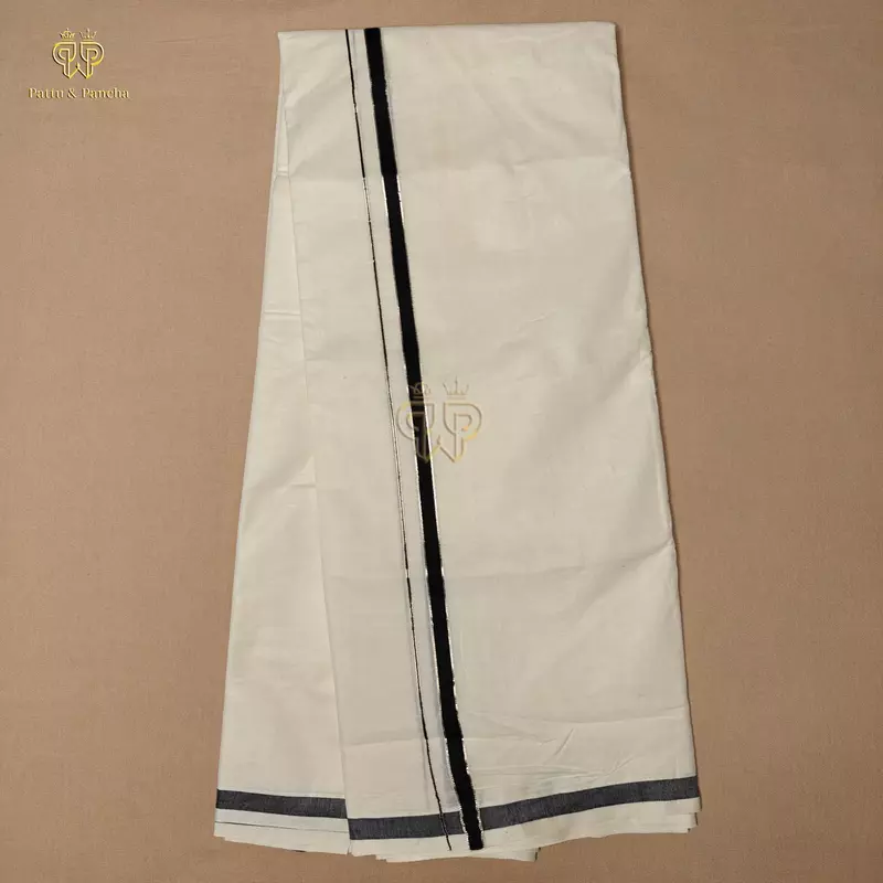 Kasavu Cotton Off White Dhoti with Black and thin Silver Zari Border
