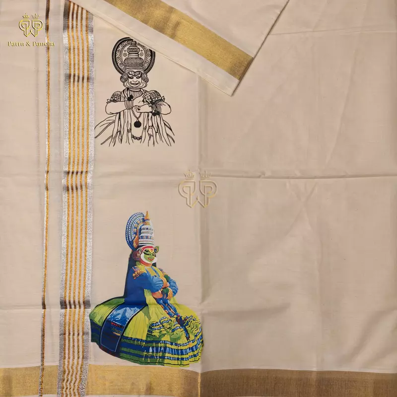 Kasavu Cotton Dhoti with Kathakali Design and Gold Silver Zari Border