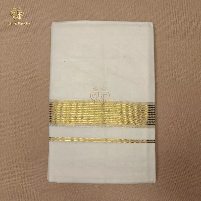 Kasavu Cotton Off White Dhoti with Gold Line Zari Border