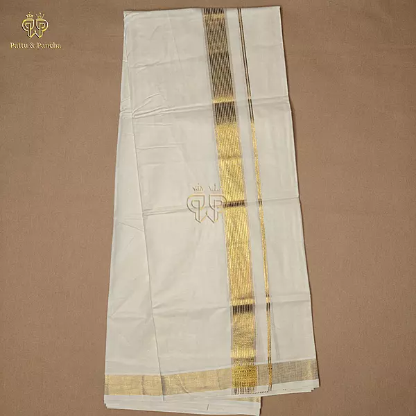Kasavu Cotton Off White Dhoti with Gold Line Zari Border