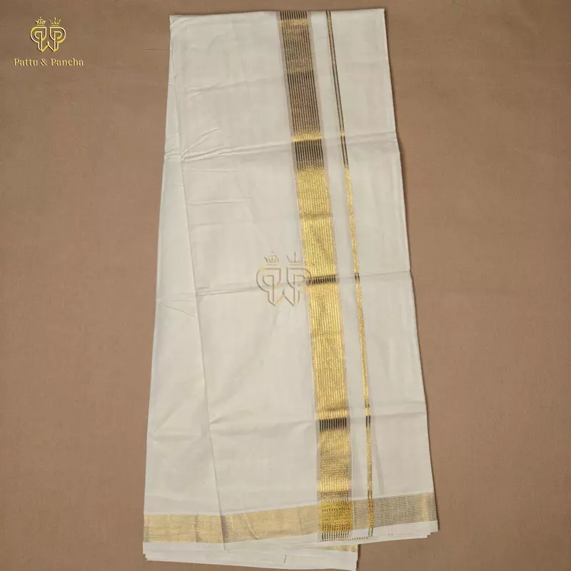 Kasavu Cotton Off White Dhoti with Gold Line Zari Border