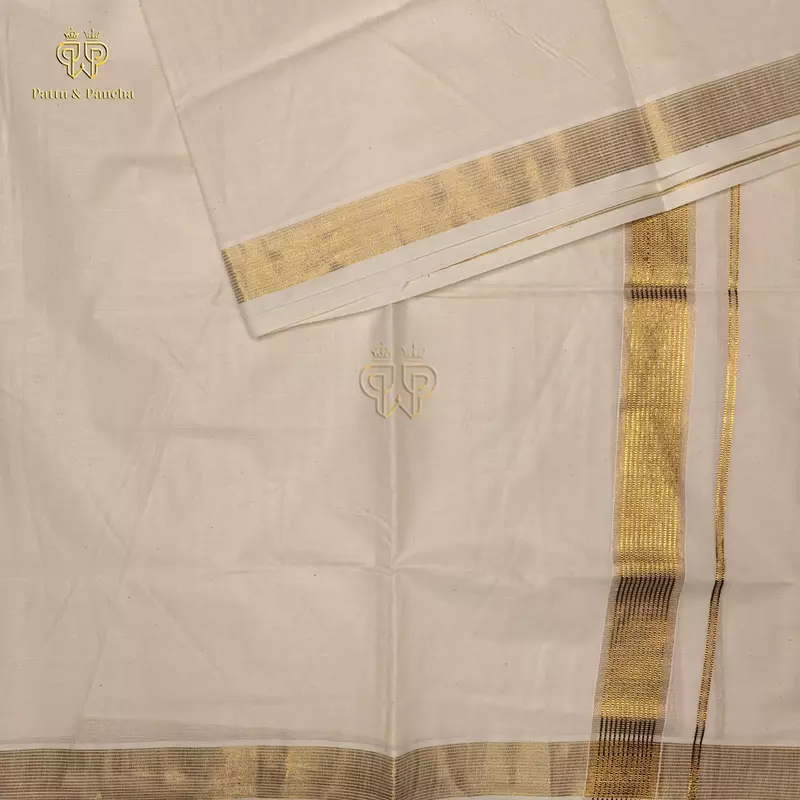 Kasavu Cotton Off White Dhoti with Gold Line Zari Border