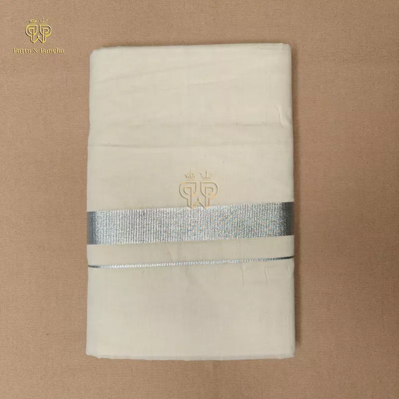 Kasavu Cotton Dhoti with Silver Zari Border1