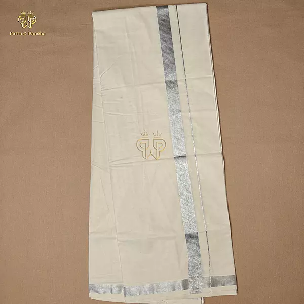 Kasavu Cotton Dhoti with Silver Zari Border1