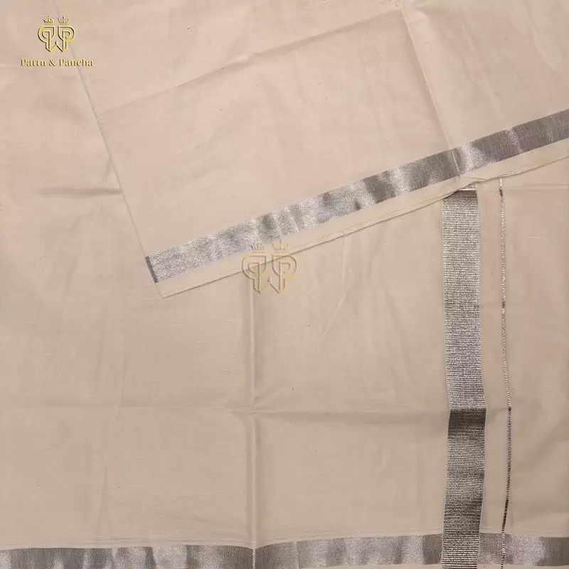 Kasavu Cotton Dhoti with Silver Zari Border1