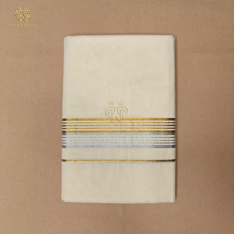 Kasavu Cotton Dhoti with Gold and Silver Line Zari Border