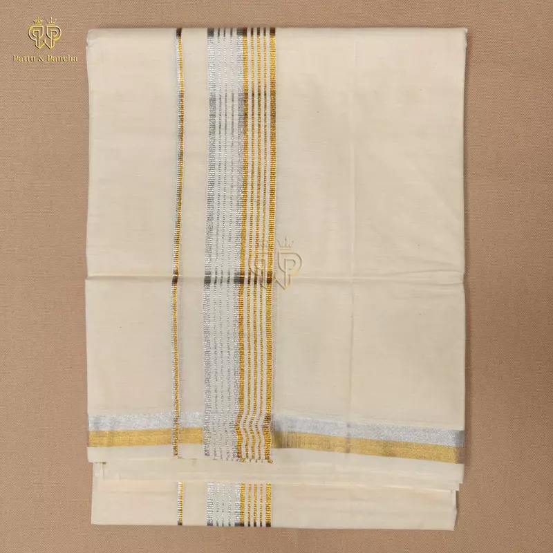 Kasavu Cotton Dhoti with Gold and Silver Line Zari Border