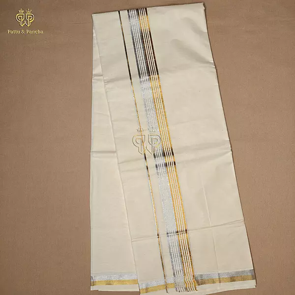 Kasavu Cotton Dhoti with Gold and Silver Line Zari Border