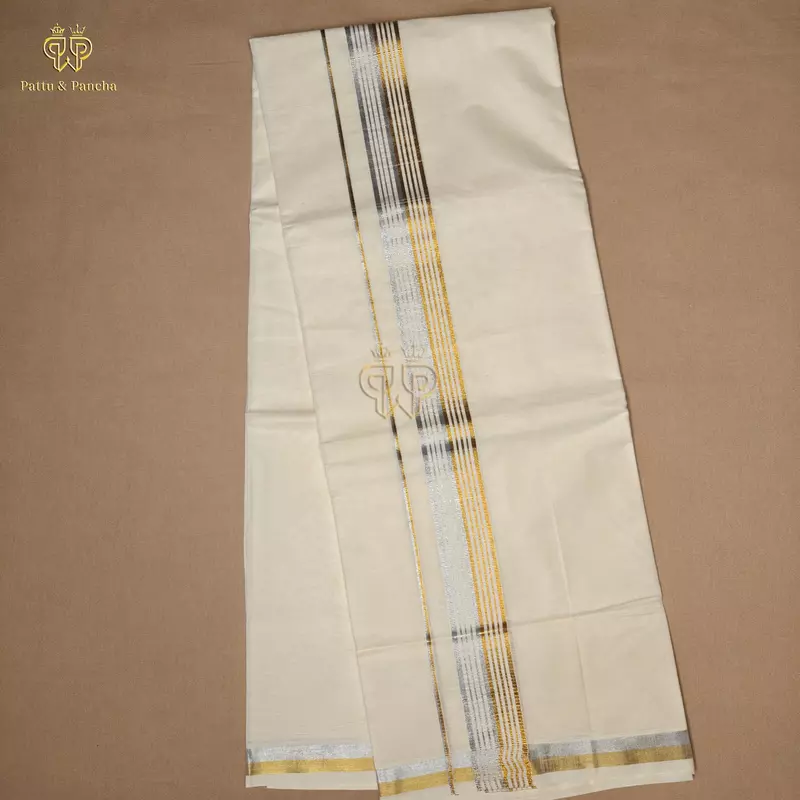 Kasavu Cotton Dhoti with Gold and Silver Line Zari Border