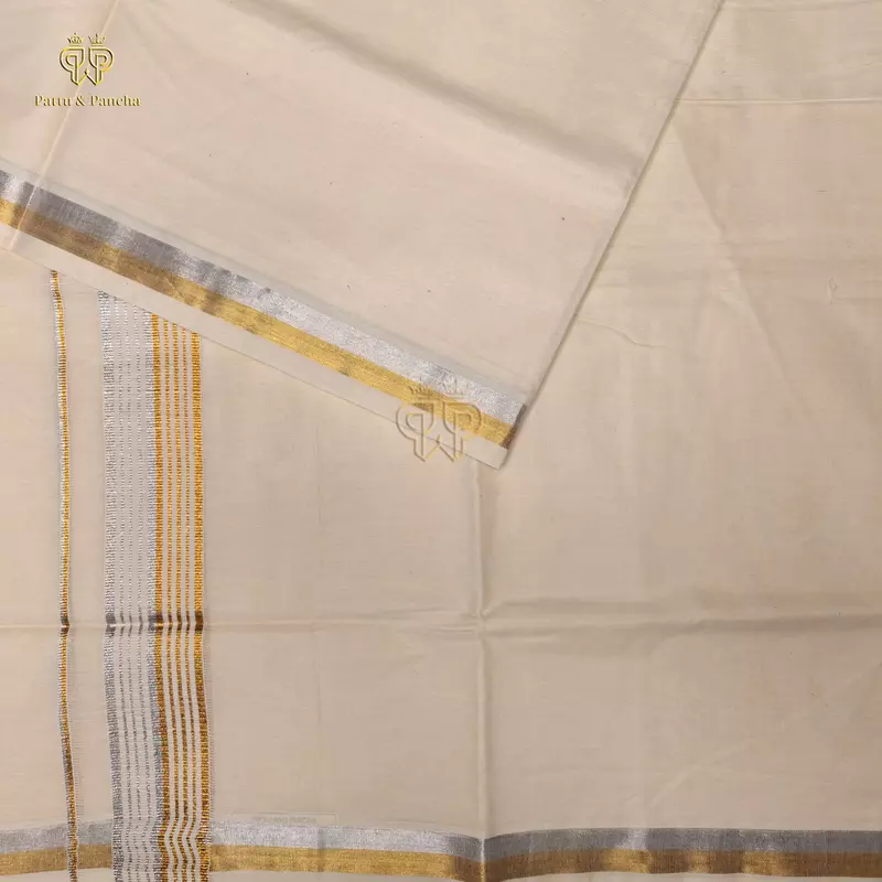 Kasavu Cotton Dhoti with Gold and Silver Line Zari Border