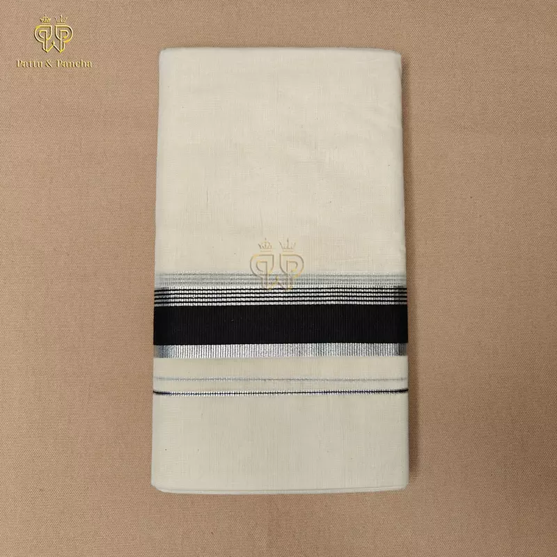 Kasavu Cotton Dhoti with Black and Silver Zari Border