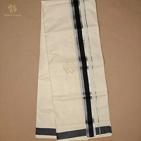 Kasavu Cotton Dhoti with Black and Silver Zari Border