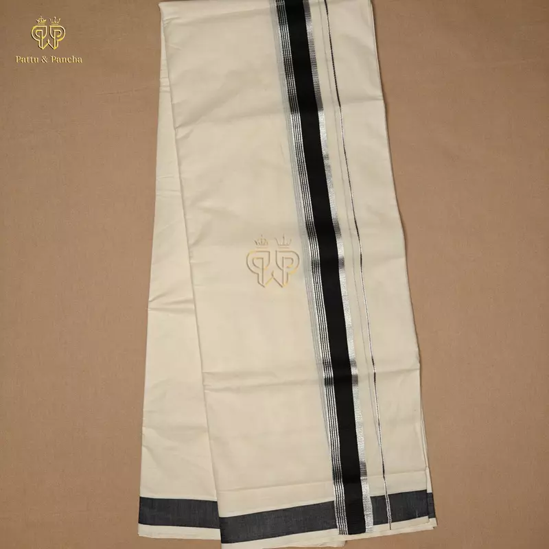 Kasavu Cotton Dhoti with Black and Silver Zari Border