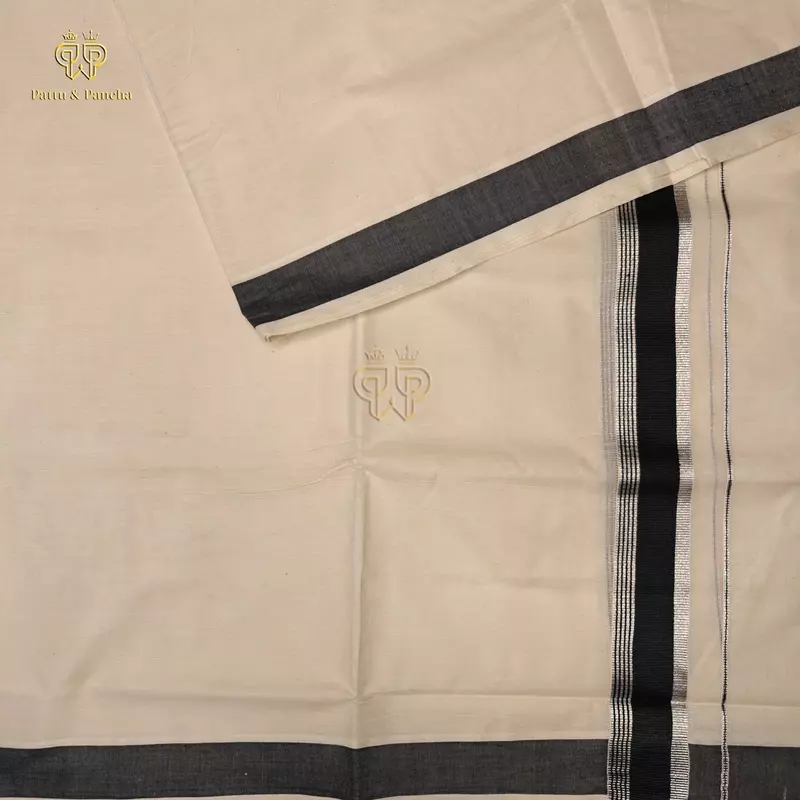Kasavu Cotton Dhoti with Black and Silver Zari Border