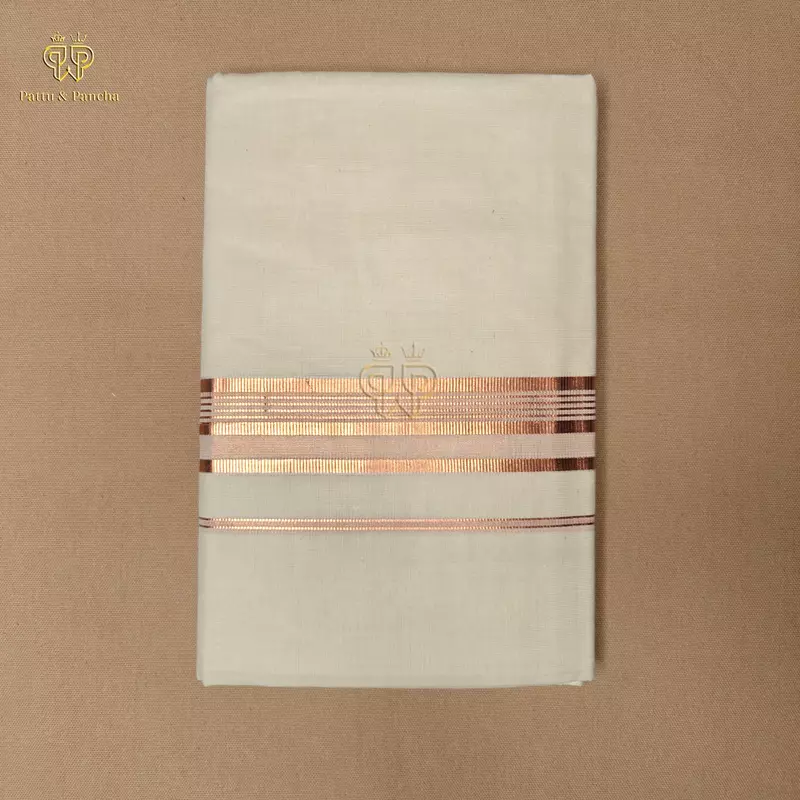 Kasavu Cotton Off White Dhoti with Copper Zari Line Border