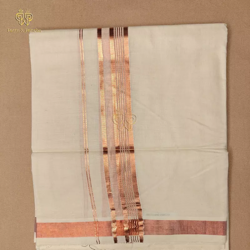 Kasavu Cotton Off White Dhoti with Copper Zari Line Border